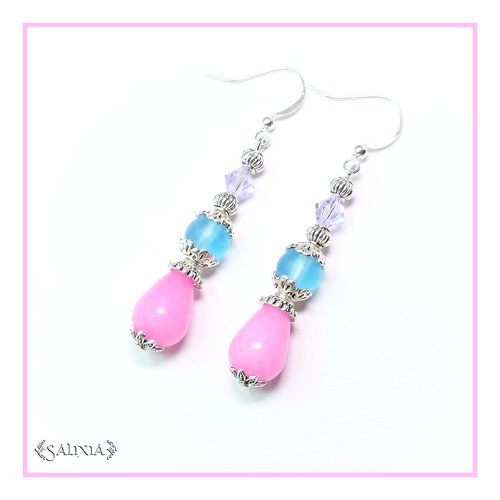 Boucles d'oreilles gouttes de jade rose, cristal violet et sea glass turquoise crochets acier inoxydable (#bo109)