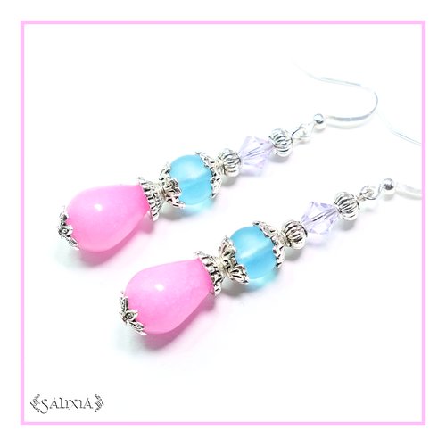 Boucles d'oreilles gouttes de jade rose, cristal violet et sea glass turquoise crochets acier inoxydable (#bo109)