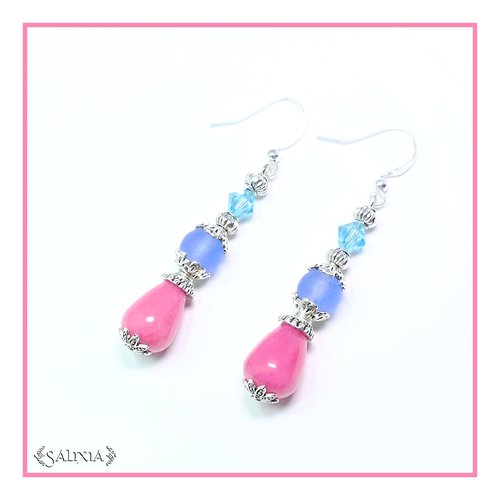 Boucles d'oreilles gouttes de jade rose,cristal bleu turquoise et sea glass bleu saphir clair crochets en acier inoxydable (#bo110)