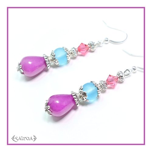 Boucles d'oreilles gouttes de jade violette, cristal rose et sea glass bleu turquoise crochets acier inoxydable(#bo111)