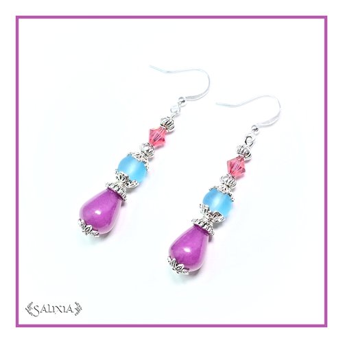 Boucles d'oreilles gouttes de jade violette, cristal rose et sea glass bleu turquoise crochets acier inoxydable(#bo111)