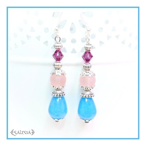 Boucles d'oreilles gouttes de jade turquoise, cristal fuchsia et sea glass rose pâle crochets acier inoxydable (#bo112)