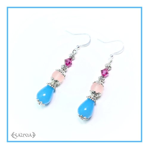 Boucles d'oreilles gouttes de jade turquoise, cristal fuchsia et sea glass rose pâle crochets acier inoxydable (#bo112)