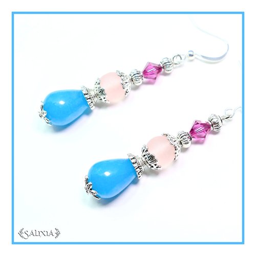 Boucles d'oreilles gouttes de jade turquoise, cristal fuchsia et sea glass rose pâle crochets acier inoxydable (#bo112)