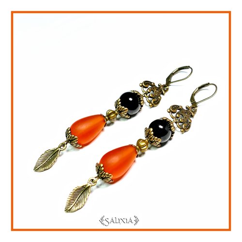 Boucles d'oreilles goutte sea glass tangerine et perle noire dormeuses ou crochets au choix (#bo131)