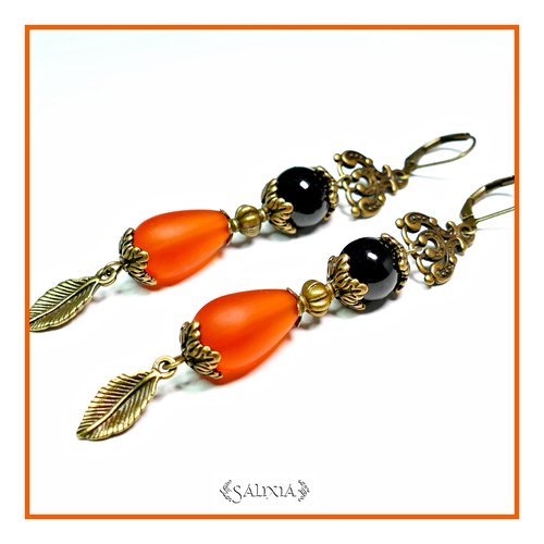Boucles d'oreilles goutte sea glass tangerine et perle noire dormeuses ou crochets au choix (#bo131)