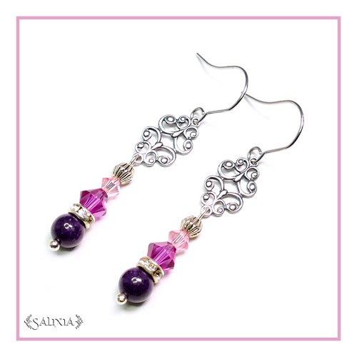 Boucles d'oreilles laiton filigrane très haute qualité cristal et perles de jade crochets en acier inoxydable (#bo145)