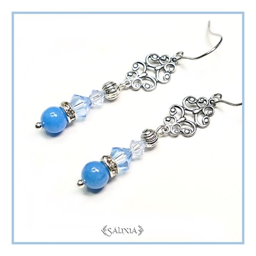 Boucles d'oreilles laiton très haute qualité cristal et perles de jade crochets en acier inoxydable (#bo146)