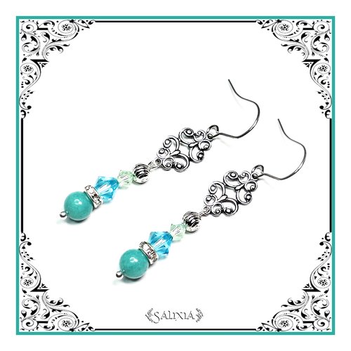 Boucles d'oreilles laiton très haute qualité cristal et perles de jade crochets en acier inoxydable (#bo147)
