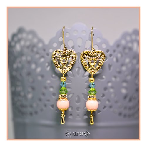 Boucles d'oreilles coeur doré cristal et perles de jade dormeuses ou crochets en acier inoxydable doré au choix (#bo148)