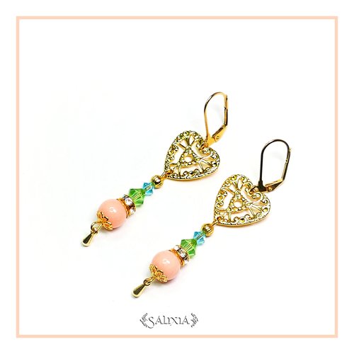Boucles d'oreilles coeur doré cristal et perles de jade dormeuses ou crochets en acier inoxydable doré au choix (#bo148)