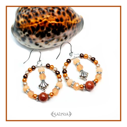Boucles d'oreilles "malika" perles goldstone cuivrées scintillantes acier inoxydable (#bo152 p51)