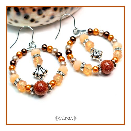 Boucles d'oreilles "malika" perles goldstone cuivrées scintillantes acier inoxydable (#bo152 p51)