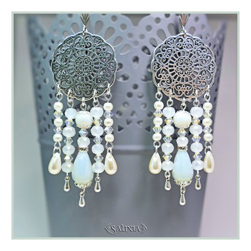 Boucles d'oreilles cristal perles opalescentes blanches et ivoire dormeuses ou crochets en acier inoxydable au choix (#bo153)
