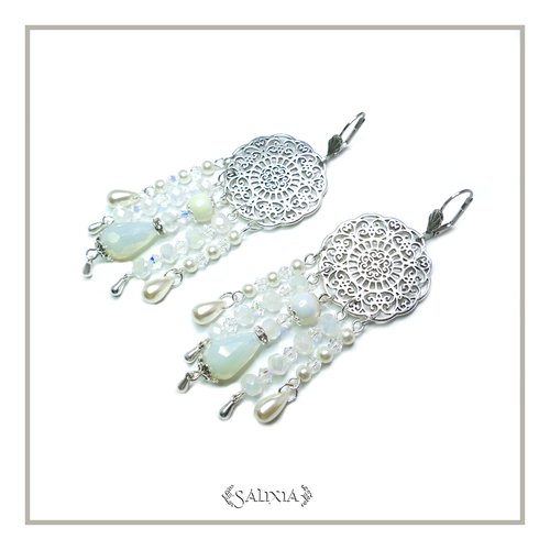 Boucles d'oreilles cristal perles opalescentes blanches et ivoire dormeuses ou crochets en acier inoxydable au choix (#bo153)