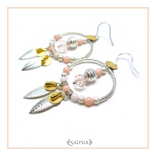 Boucles d'oreilles créoles perles de jade crochets en acier inoxydable  (#bo161)