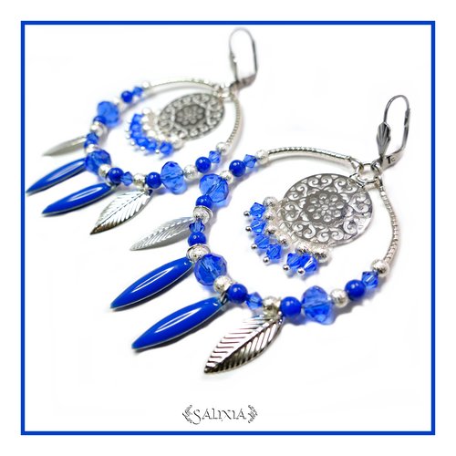 Boucles d'oreilles grandes créoles cristal perles de jade bleu lapis lazuli dormeuses ou crochets en acier inoxydable (#bo162)