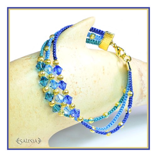Bracelet lenora océane cristal, tissage macramé mousqueton acier inoxydable doré (#bc35 p55)