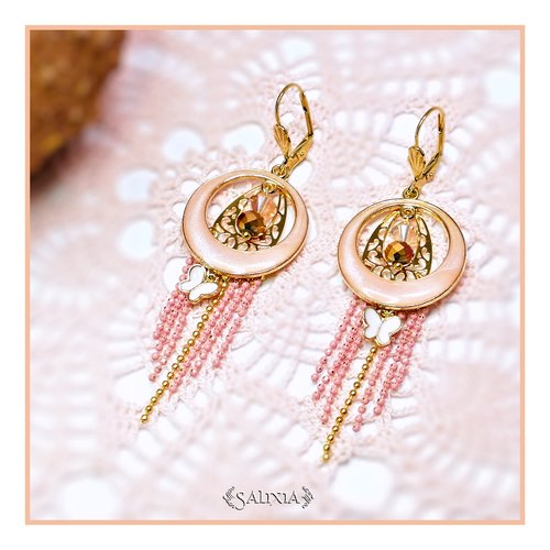 Boucles d'oreilles cléa cristal rose pêche dormeuses ou crochets en acier inoxydable doré (#bo178)