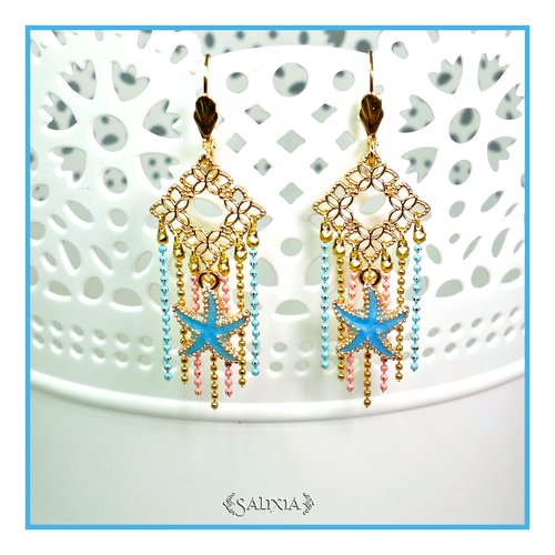 Boucles d'oreilles étoile de mer bleue dormeuses ou crochets acier inoxydable doré au choix (#bo184)