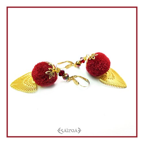 Boucles d'oreilles cristal grenat pompons bordeaux dormeuses ou crochets en acier inoxydable doré au choix (#bo186)