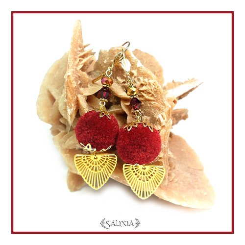 Boucles d'oreilles cristal grenat pompons bordeaux dormeuses ou crochets en acier inoxydable doré au choix (#bo186)