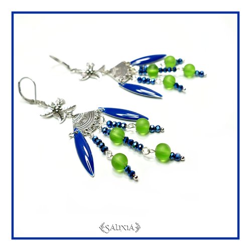 Boucles d'oreilles ethniques bleues irisées dormeuses ou crochets en acier inoxydable au choix (#bo190)