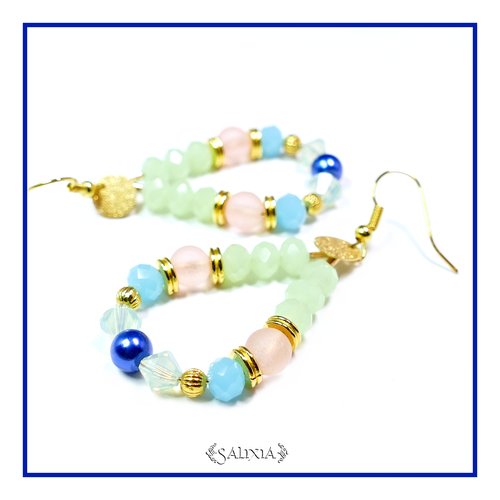 Boucles d'oreilles "sofia" cristal et perles sea glass crochets acier inoxydable doré (#bo193 p59)