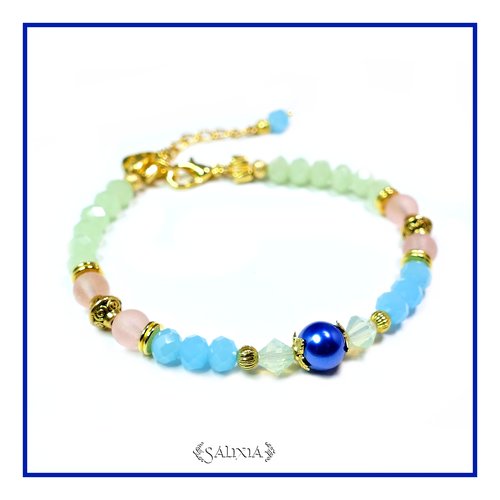 Bracelet "sofia" cristal et perles sea glass mousqueton acier inoxydable doré (#bc40 p59)