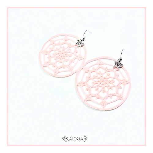 Boucles d'oreilles créoles attrape rêves mandala rose poudré crochets en acier inoxydable (#bo194)