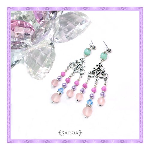 Boucles d'oreilles "thalia" cristal perles de jade perles sea glass puces crochets ou dormeuses en acier inoxydable au choix (#bo197 p62)
