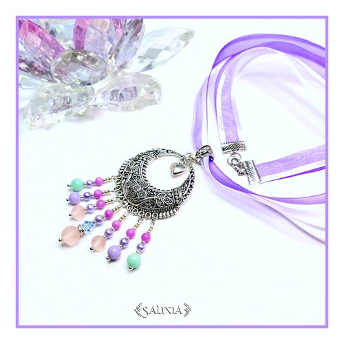 Collier "thalia" cristal perles de jade perles sea glass ruban organza ou chaine acier inoxydable au choix (#c49 p62)