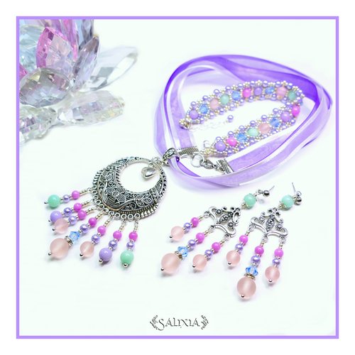 Collier "thalia" cristal perles de jade perles sea glass ruban organza ou chaine acier inoxydable au choix (#c49 p62)