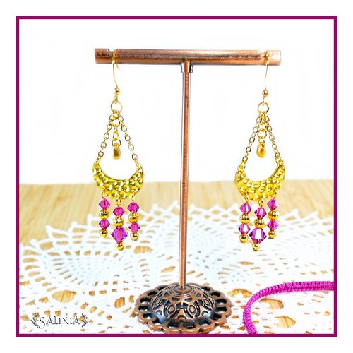 Boucles d'oreilles "tamara" cristal fuchsia crochets acier inoxydable doré (#bo220 p66)