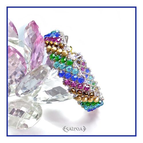 Bracelet "alyssa" arc en ciel tissé à l'aiguille perles japonaises cristal fuchsia perles de bohème aurore boréale (#bc52 p71)
