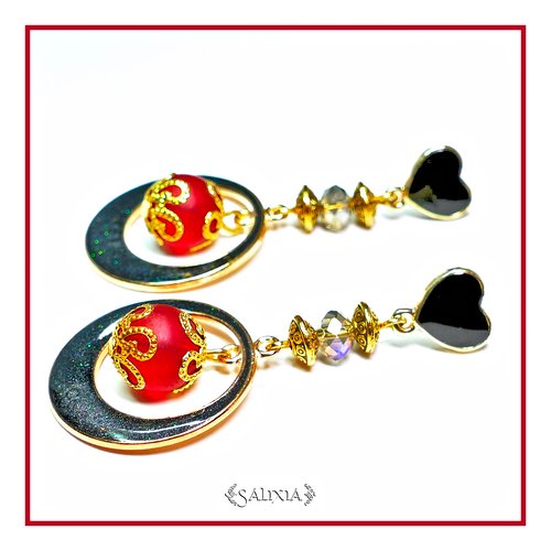 Boucles d'oreilles "ornella" noire puces coeur ou crochets en acier inoxydable doré au choix (#bo230)