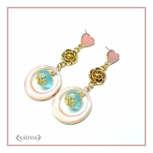 Boucles d'oreilles "ornella" rose puces coeur ou crochets en acier inoxydable doré au choix (#bo232)