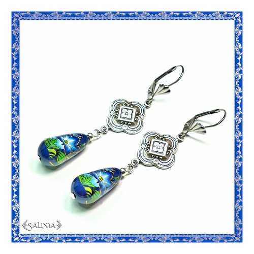 Pièce rare - boucles d'oreilles gentianes style victorien haute qualité perles japonaises tensha dormeuses ou crochets au choix (#bo241)