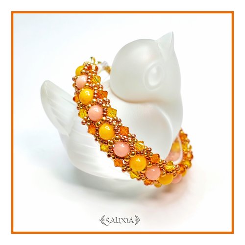 Bracelet tissé à l'aiguille perles japonaises cristal jaune et orange perles de jade saumon mousqueton acier inoxydable doré(#bc57)