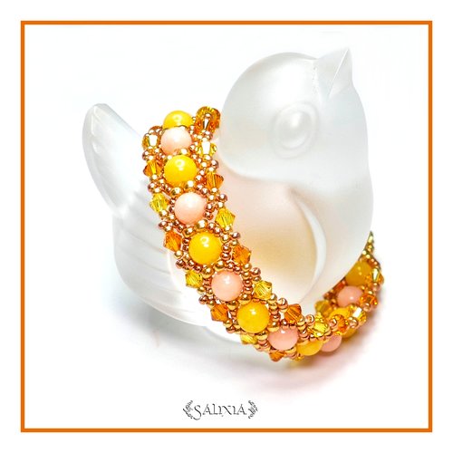 Bracelet tissé à l'aiguille perles japonaises cristal jaune et orange jade saumon et jaune mousqueton acier inoxydable doré(#bc57)