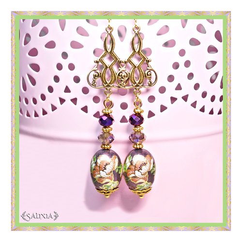 Pièce rare - boucles d'oreilles "paeonia" laiton style art déco haute qualité perles tensha dormeuses ou crochets au choix (#bo242 p73)