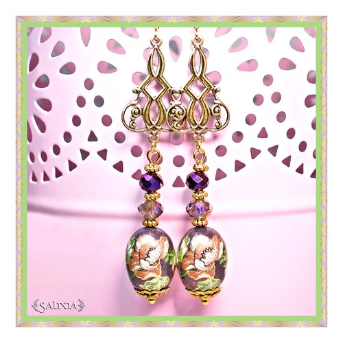 Pièce unique - boucles d'oreilles "paeonia" laiton style art déco haute qualité perles tensha dormeuses ou crochets au choix (#bo242 p73)