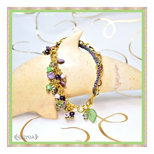 Bracelet "paeonia" perles aurore boréales mousqueton acier inoxydable doré (#bc58 p73)