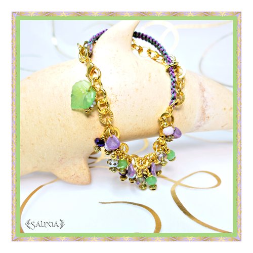 Bracelet "paeonia" perles aurore boréales mousqueton acier inoxydable doré (#bc58 p73)
