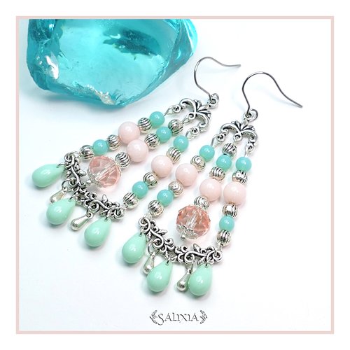 Boucles d'oreilles inspiration bohème perles de jade aux tons pastel crochets en acier inoxydable (#bo66)
