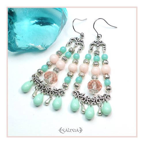Boucles d'oreilles inspiration bohème perles de jade aux tons pastel crochets en acier inoxydable (#bo66)