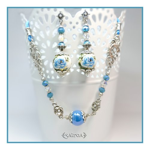 Collier "maeva" perle en céramique cristal aurore boréale en option chaine acier inoxydable (#c52 p74)