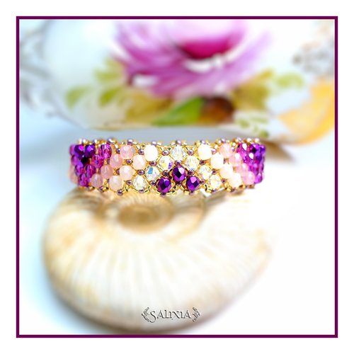 Bracelet "alyssa" orchidée tissé à l'aiguille perles japonaises cristal aurore boréale et perles de bohème (#bc60 p76)