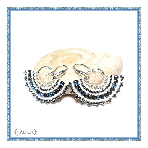 Boucles d'oreilles collection léa noir irisé et ivoire crochets acier inoxydable en option (#bo257)