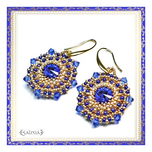 Pièce unique - boucles d'oreilles tissées à l'aiguille cabochons et perles cristal saphir crochets ou dormeuses au choix (#bo261)